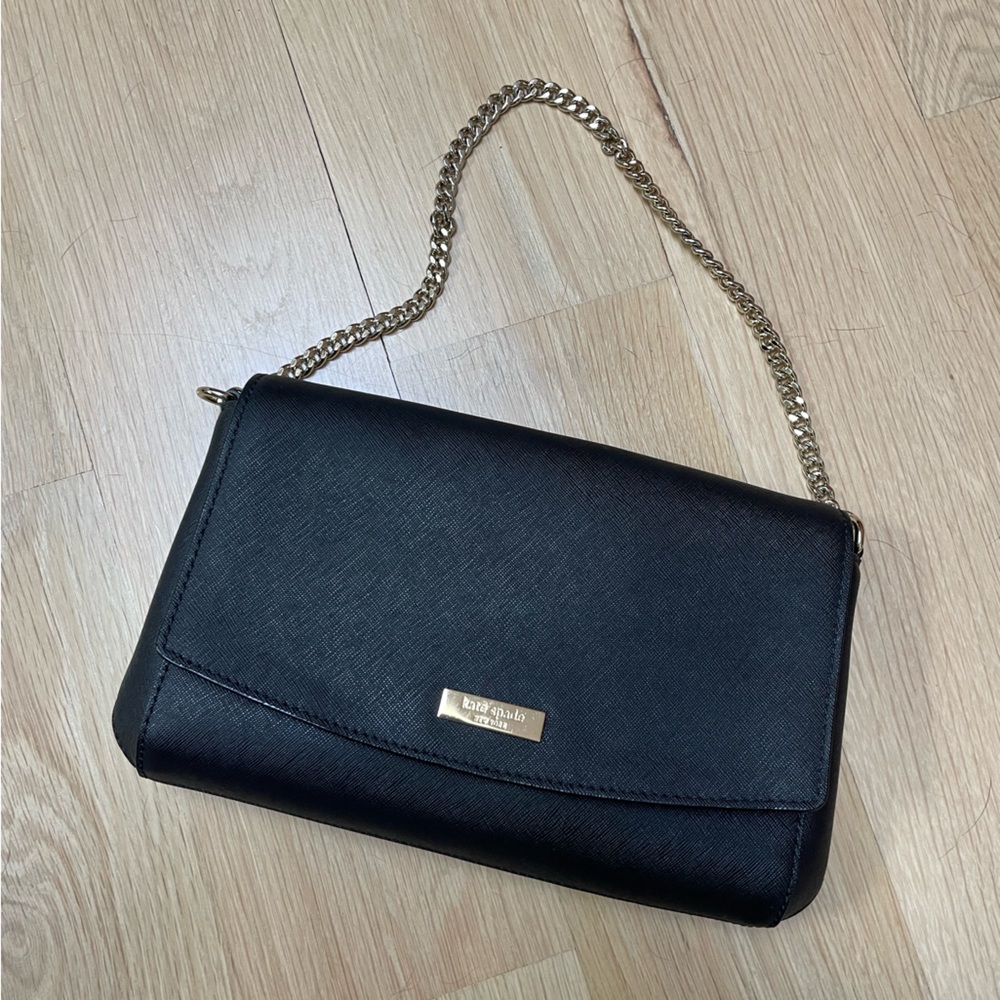 Kate Spade saffiano leather black purse with short chain and crossbody strap